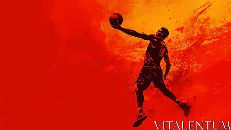 Dynamic red-orange digital illustration of leaping basketball player