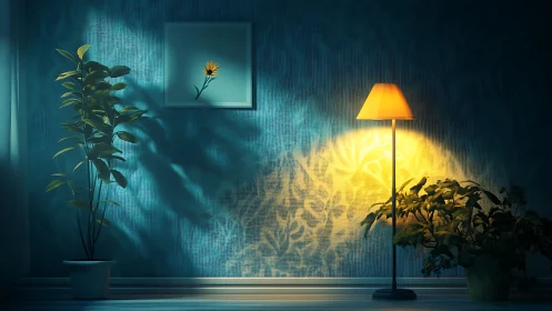 Soft lamplight fills a tranquil room with glowing plant shadows