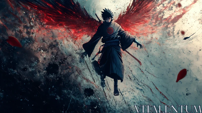 Dark anime warrior ascends amid blood-red burning wings