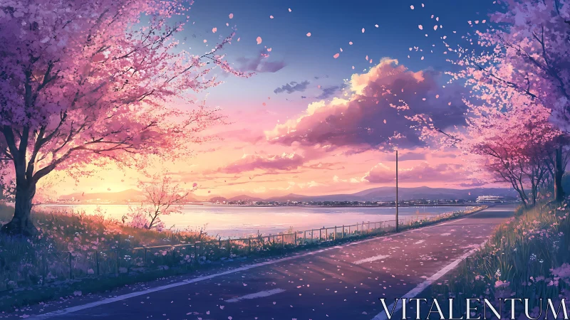 Cherry blossom riverside road at vivid sunset sky.