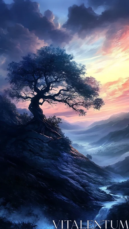 Twisted summit tree cradles dawn over mist-drenched valleys