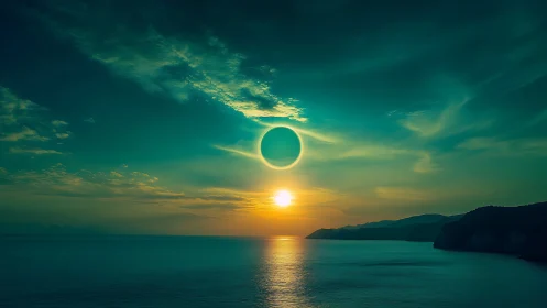 Dual sun eclipse over teal seascape at cinematic dusk.