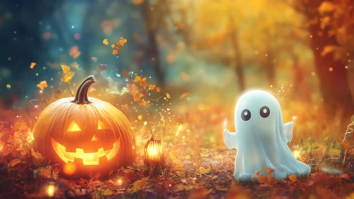 Cute ghost and glowing jack-o&rsquo;-lantern in autumn woods.