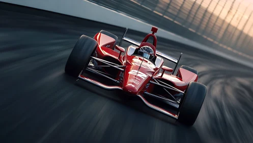 Red open-wheel race car speeds along steep banked track.