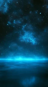 Stellar ocean horizon under glowing cyan nebula sky.