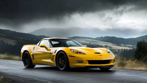 Yellow performance coupe parked on wet mountain road under storm clouds