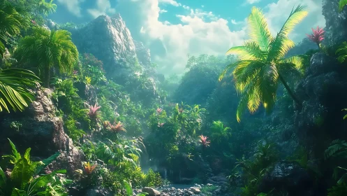 Lush tropical ravine glows with misty morning sunlight