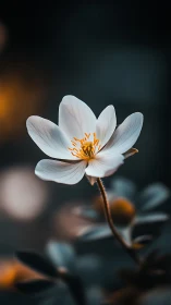 White Anemone Flower with Orange Stamens in Botanical Focus