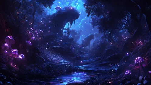 Bioluminescent cavern environment with volumetric lighting and phosphorescent fungal ecosystem
