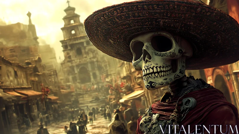 Calavera guardian overlooks sunlit D&iacute;a de Muertos street.