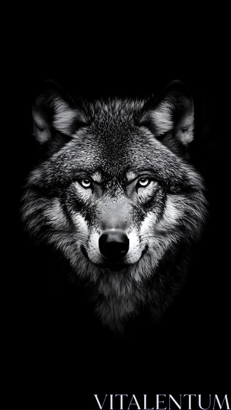 High contrast frontal wolf portrait with symmetrical monochrome lighting