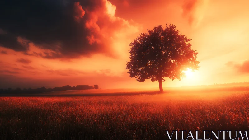 Solitary tree crowned in blazing horizon firelight glow.