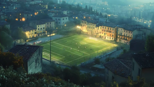 Floodlit hillside football pitch glows inside misty Italian town