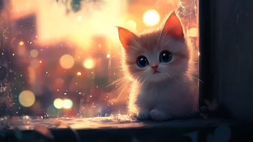 Luminous White Kitten Gazing Through Sunset Window