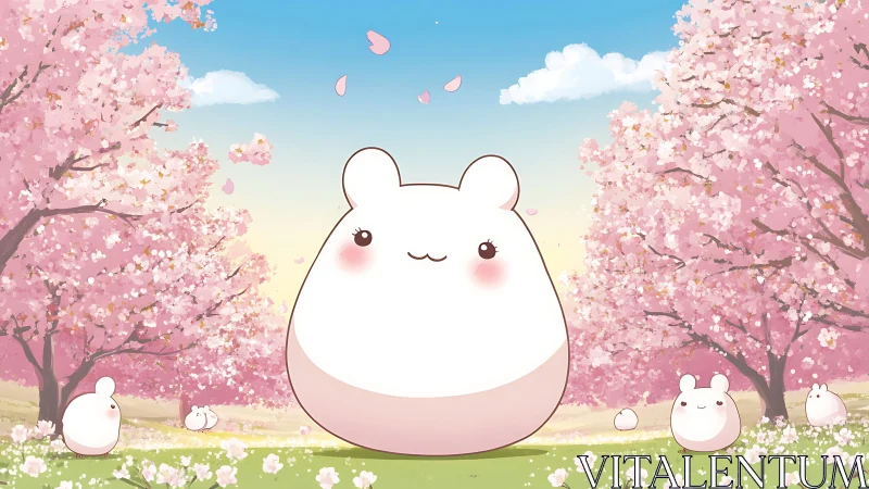 Kawaii pastel hamster characters under blooming cherry trees.