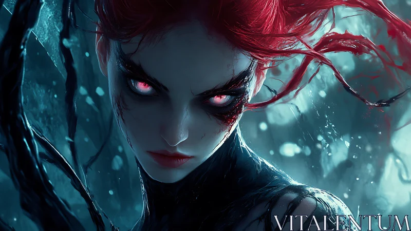 Cyber-noir demoness portrait uses cold teal and crimson contrast