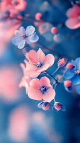 Delicate Pink Flowers Against Blue Gradient Background.