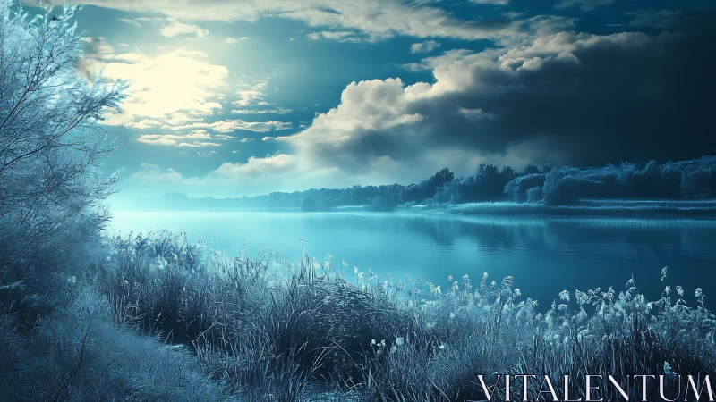 Moonlit lake shoreline glows softly beneath drifting clouds