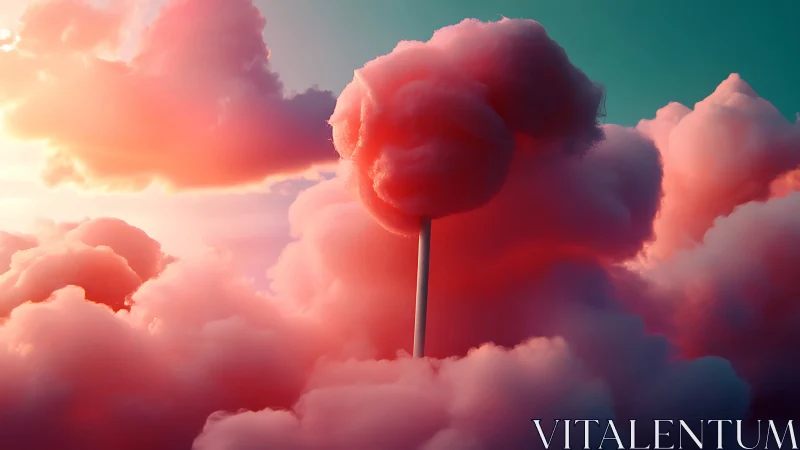 Red lollipop rises through pink clouds against teal sky.