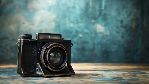 Vintage camera waits in teal-lit quiet, guarding memories.