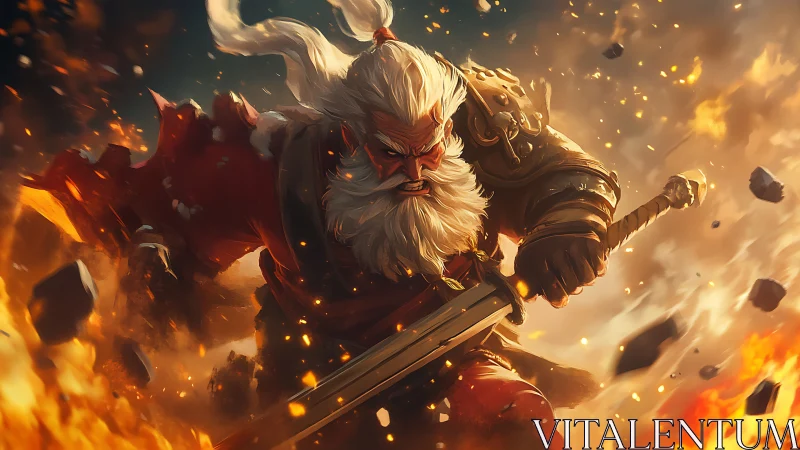 Battle-hardened warrior charges through blazing battlefield