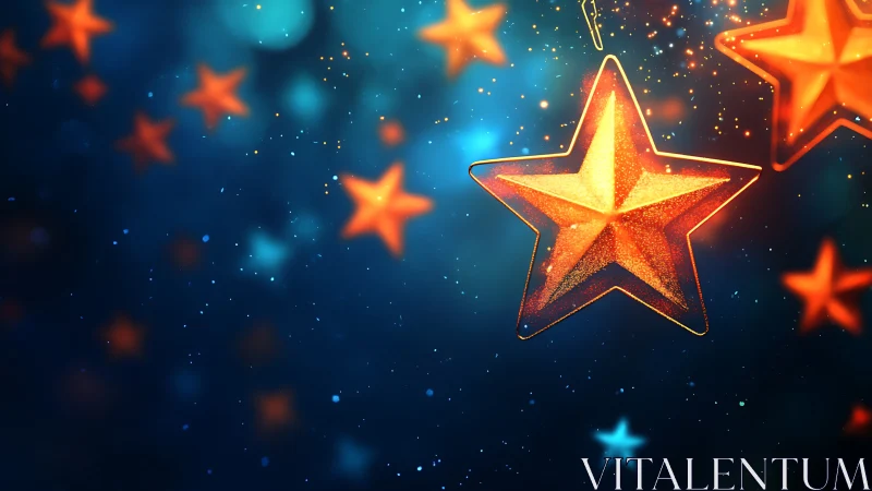 Glowing amber stars drift through a dreamy midnight cosmos.