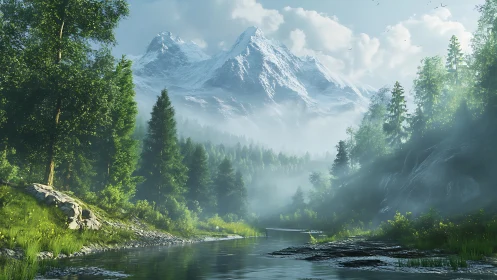 Morning hush in a misty mountain valley by clear river.