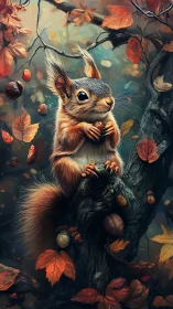 Cozy squirrel pause in a swirling autumn forest daydream.