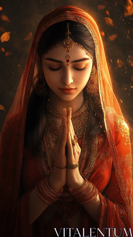 Ember-veiled bride in prayerful stillness and molten light.