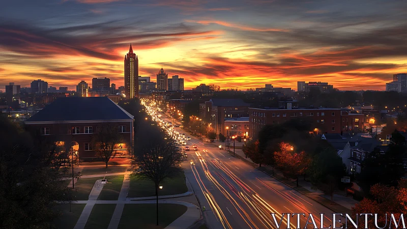 Glowing urban skyline under streaked sunset over busy avenue.