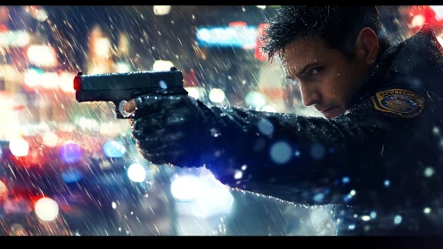 Armed police officer in night rain with neon city bokeh backdrop.