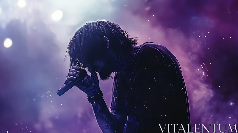 Moody vocalist in neon haze during intense live set.