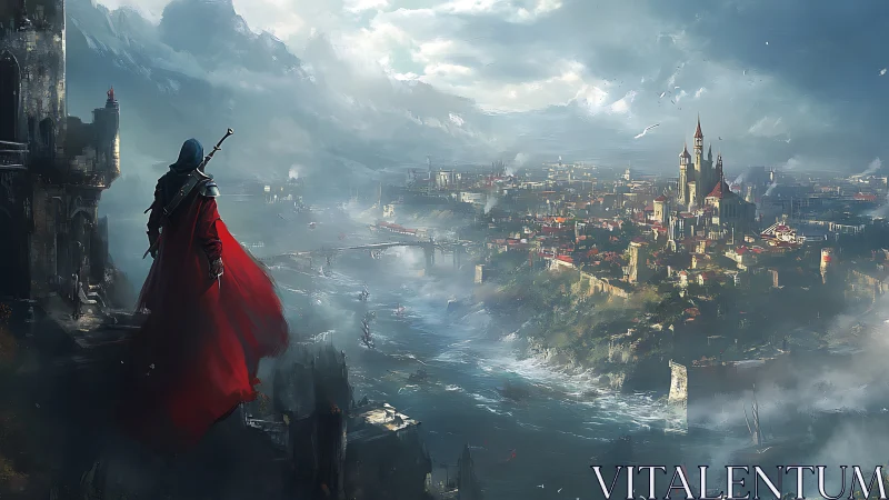 Digital painting of cloaked sentinel overlooking coastal citadel.