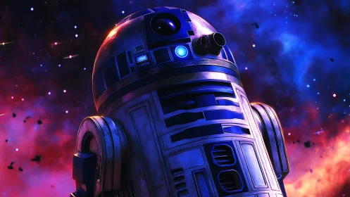 Stargazing astromech tilts toward a neon-streaked cosmos