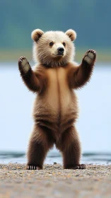 Juvenile brown bear standing upright on pebbled lakeshore