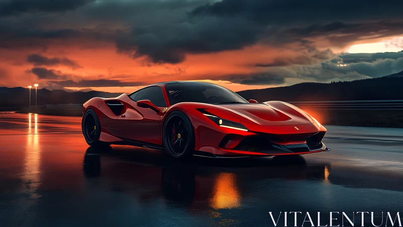 Sleek red supercar glowing against a dramatic sunset sky.
