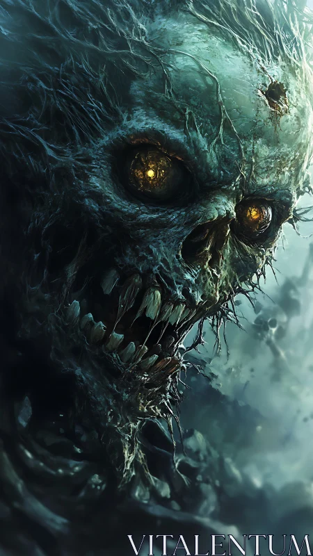 Rotting skeletal monster with glowing eyes in misty gloom.