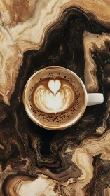 Latte art heart in white cup on marbled coffee surface