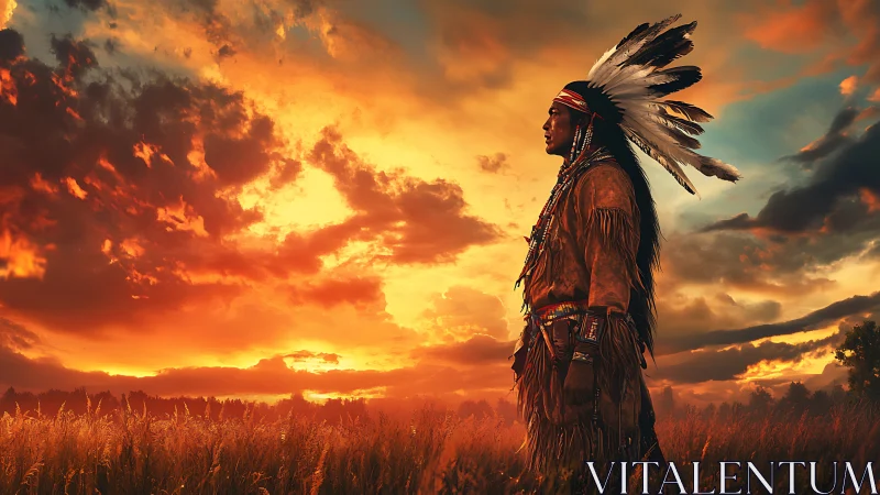 Indigenous man in regalia stands in field at vivid sunset