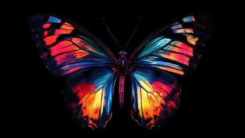 Neon butterfly wings glowing against deep black background.
