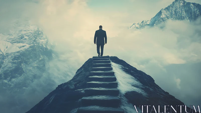 Solitary figure on stone steps above misty peaks.