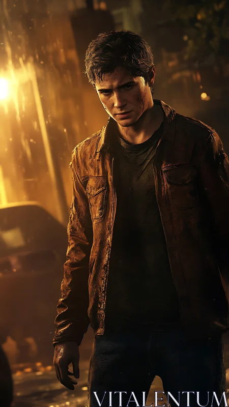 Brooding young survivor walks through rainlit city chaos