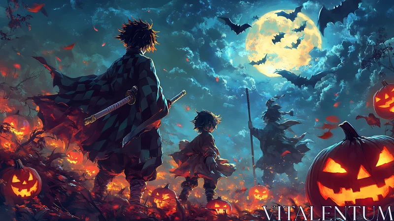 Moonlit pumpkin quest with brave kids and swirling bats.