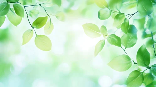 Fresh green leaves frame soft glowing spring background