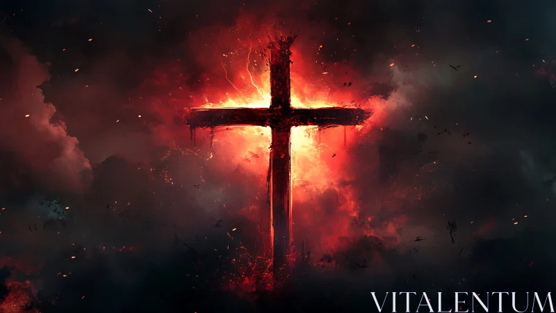Burning crimson cross emerging through stormy darkness.