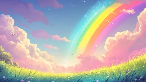 Bright rainbow over sunlit meadow and pastel clouds.