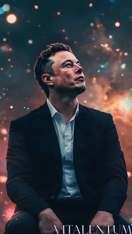 Sharp-suited male subject under nebular bokeh field gazing upward
