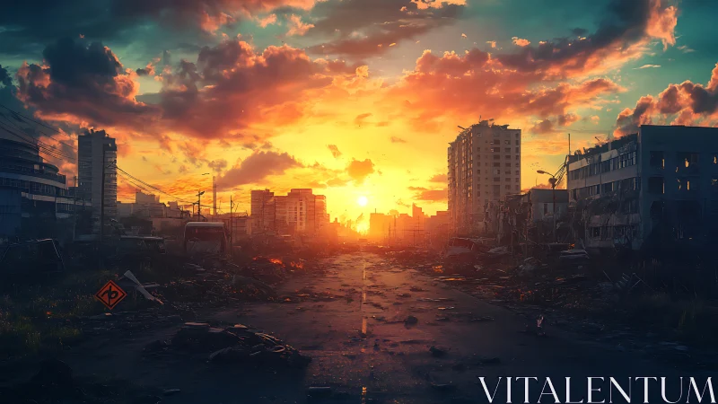 Digital painting of post-apocalyptic avenue at incendiary sunset.