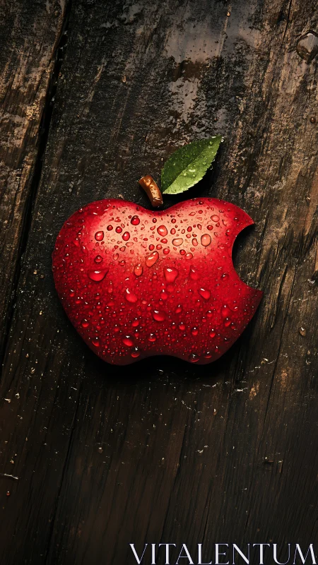 Red bitten apple emblem with water droplets on rustic wood