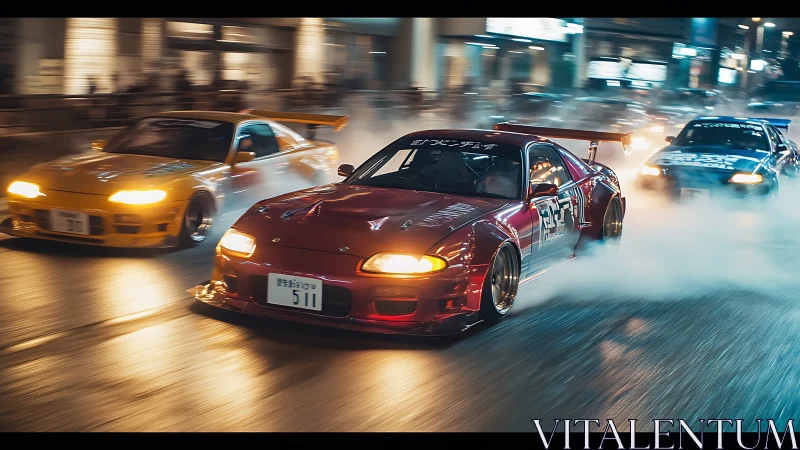 Night street drift with modified Japanese sports cars.